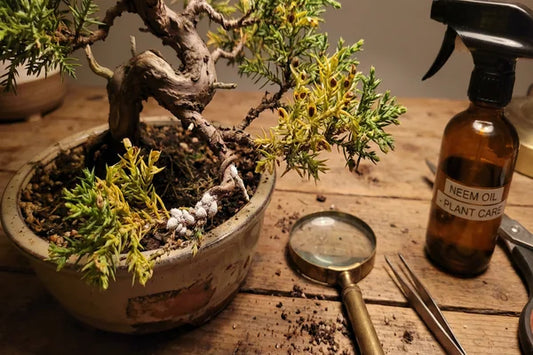 Bonsai con problemi di salute foglie gialle e parassiti su tavolo con lente e olio neem