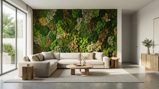 Parete verticale di muschio e licheni stabilizzati in un salotto moderno - I Giardini di Giulia