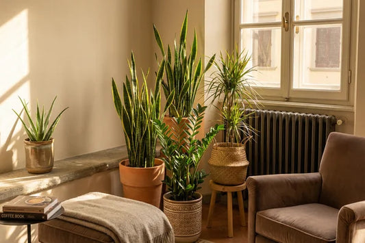 Piante da interno vicino a un termosifone in un soggiorno moderno italiano con luce naturale