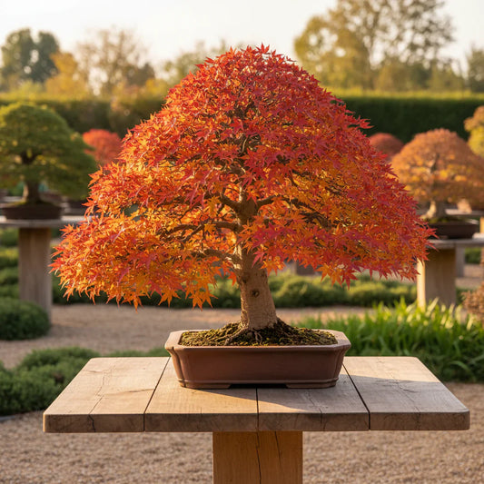 Bonsai Acero Palmatum con foglie rosse autunnali su tavolo di legno in giardino luminoso