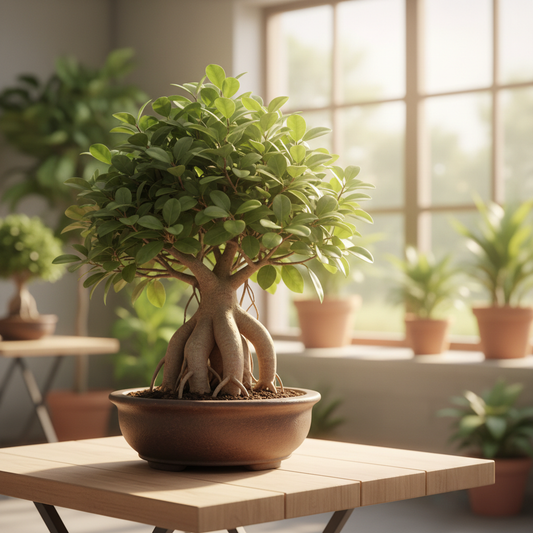Bonsai Ginseng con radici aeree sane in vaso di ceramica, illuminato da luce naturale indiretta