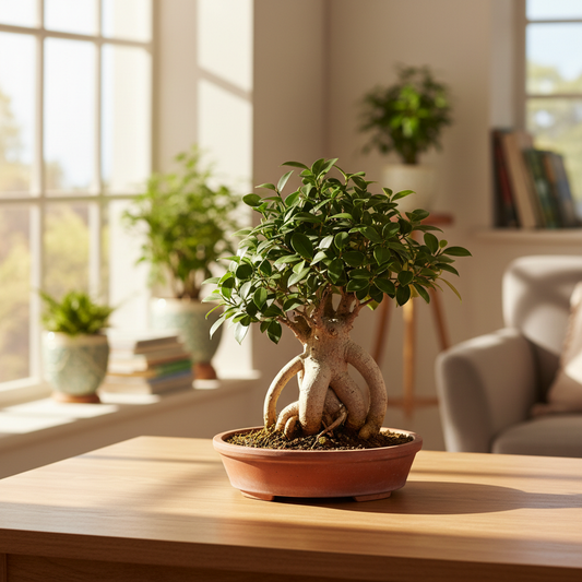 Bonsai Ficus Ginseng con radici aeree esposte su tavolino in legno, luce naturale