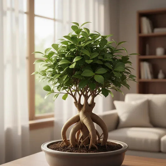 Bonsai Ginseng sano con foglie verdi e radici aeree, in un salotto luminoso in inverno