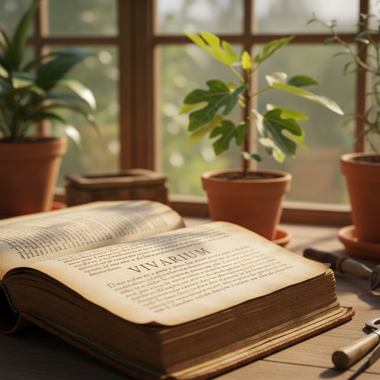 Antica pergamena con la parola 'vivarium' e una giovane pianta, simbolo dell'origine del termine vivaio