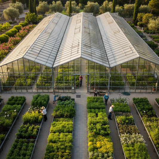Vasta serra moderna di I Giardini di Giulia con piante verdi e lavoratori, un esempio di vivaio contemporaneo.
