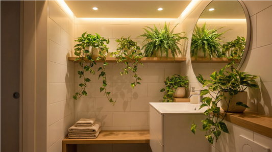 Piante rigogliose in bagno moderno senza finestre con illuminazione artificiale