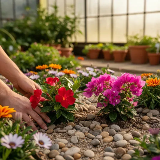 Mani che curano fiori resistenti al sole in un giardino xeriscape con pacciamatura