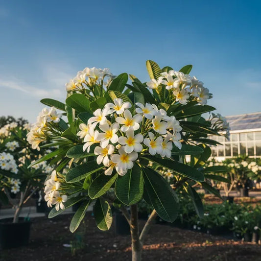 Plumeria in piena fioritura con fiori bianchi e gialli sotto il sole tropicale
