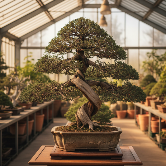 Bonsai centenario di ginepro con tronco robusto e rami contorti, simbolo di longevità e arte.