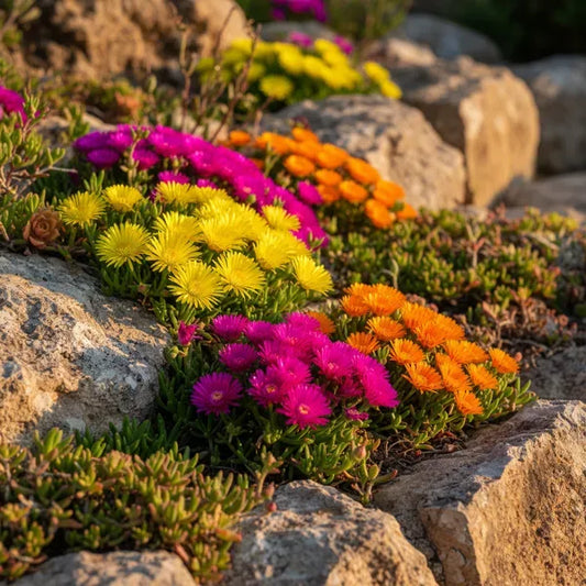 Giardino xeriscape lussureggiante con Delosperma fucsia e Portulaca gialla sotto il sole