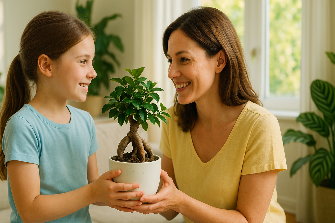Bambina sorridente che regala a sua madre un bonsai, la foto è scattat in ambiente casa con lo sfondo una finestra e delle piante .