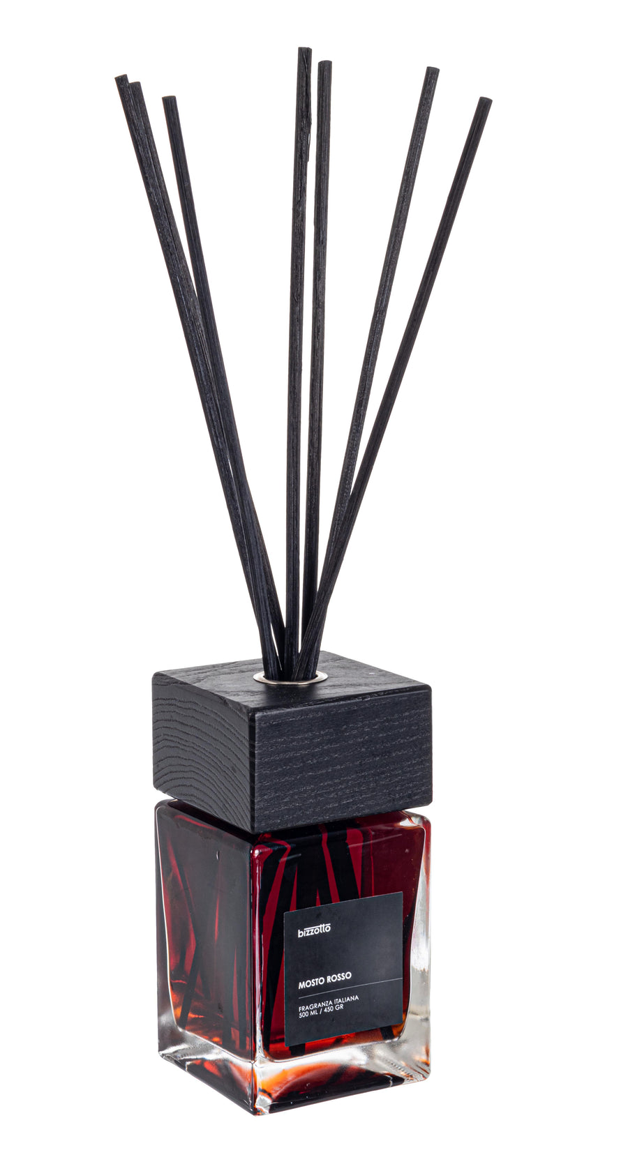 Contenitore in vetro con tappo e bastoncini in legno, contenente fragranza mosto rosso da 500 ML