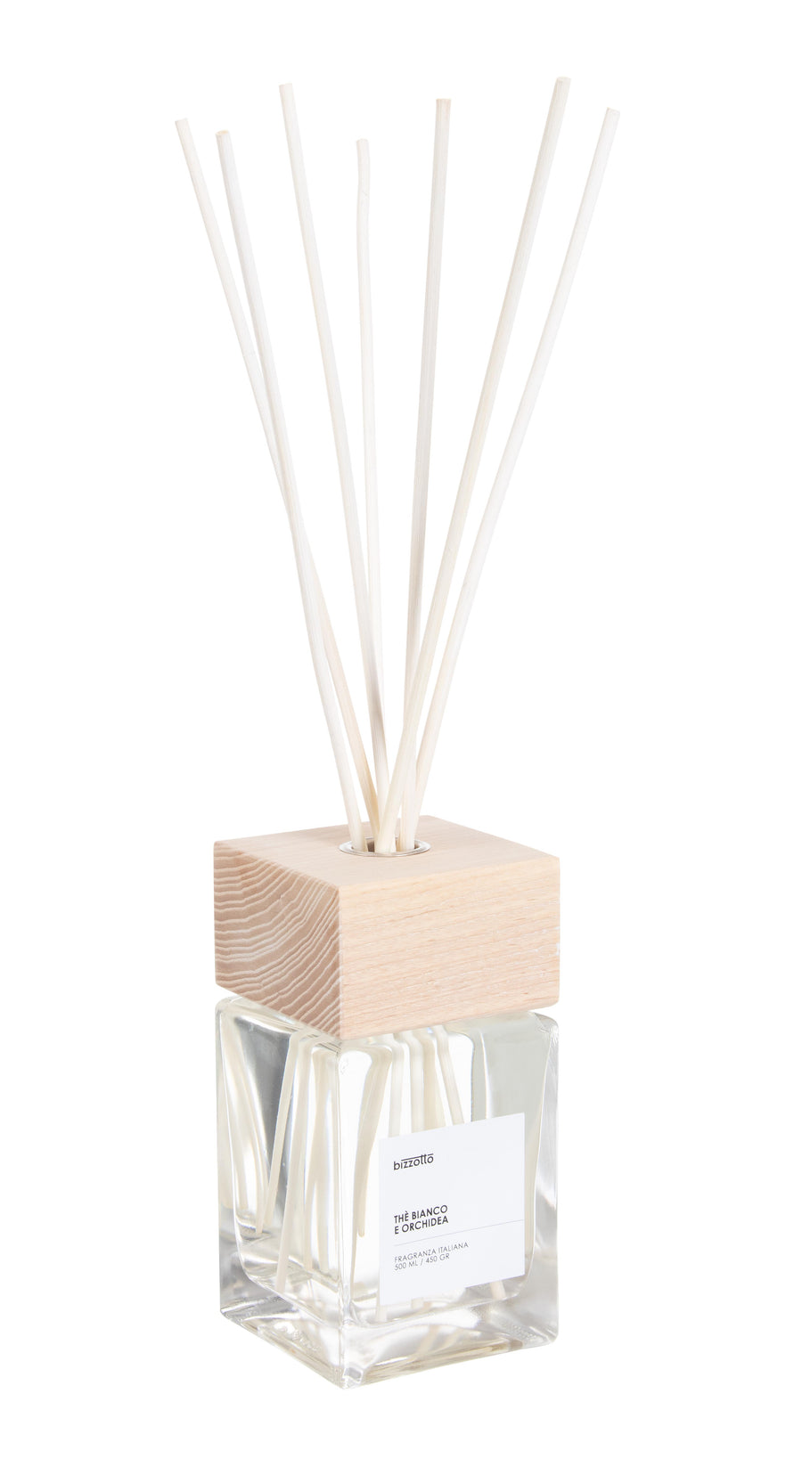 contenitore elegante in vetro con tappo in legno e bastoncini , contenente essenza profumata The Bianco .