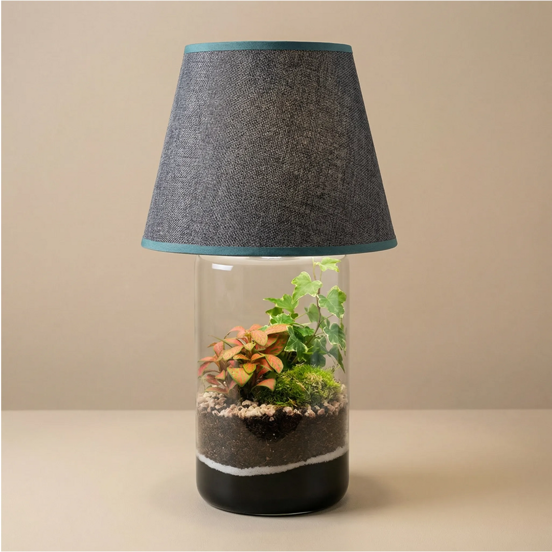 Lamparium Aurora 12x35cm con fittonia rosa, edera e muschio, paralume grigio