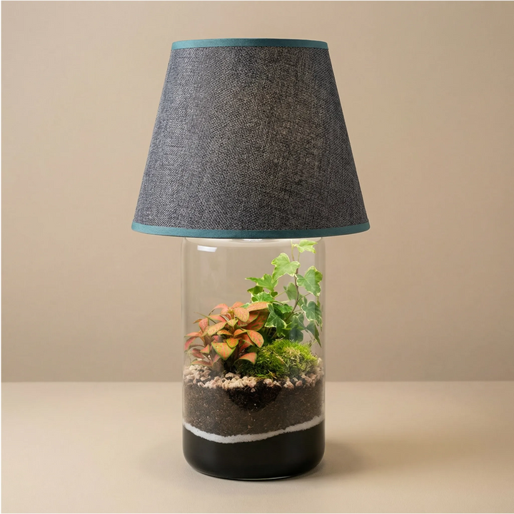 Lamparium Aurora 12x35cm con fittonia rosa, edera e muschio, paralume grigio