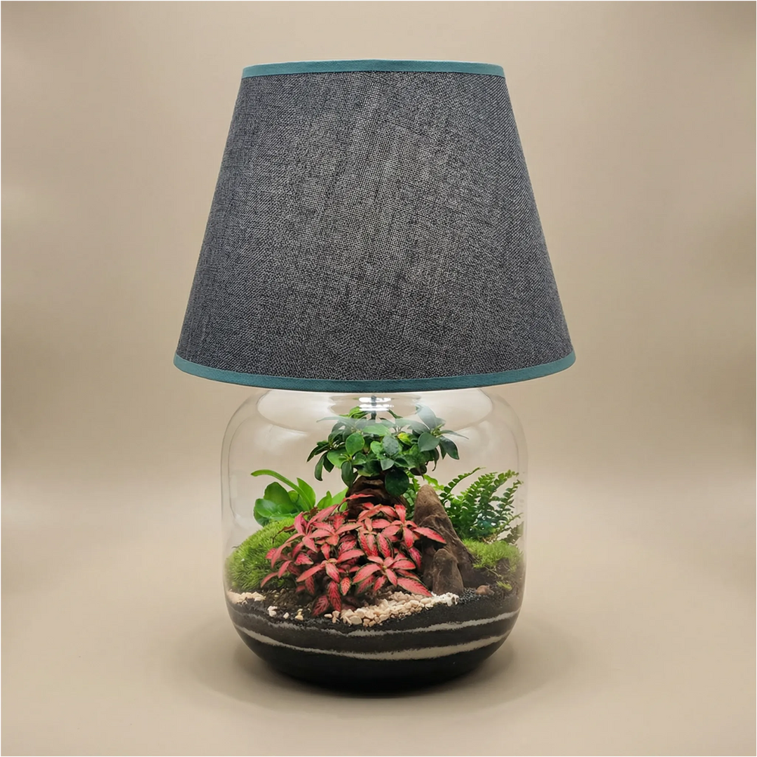 Lamparium Martina 23.5x47cm con bonsai, fittonia rosa, felce e muschio, paralume grigio