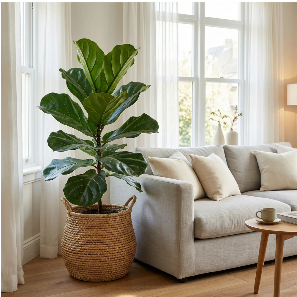 Ficus Lyrata in cesto di rattan accanto a divano in soggiorno moderno luminoso