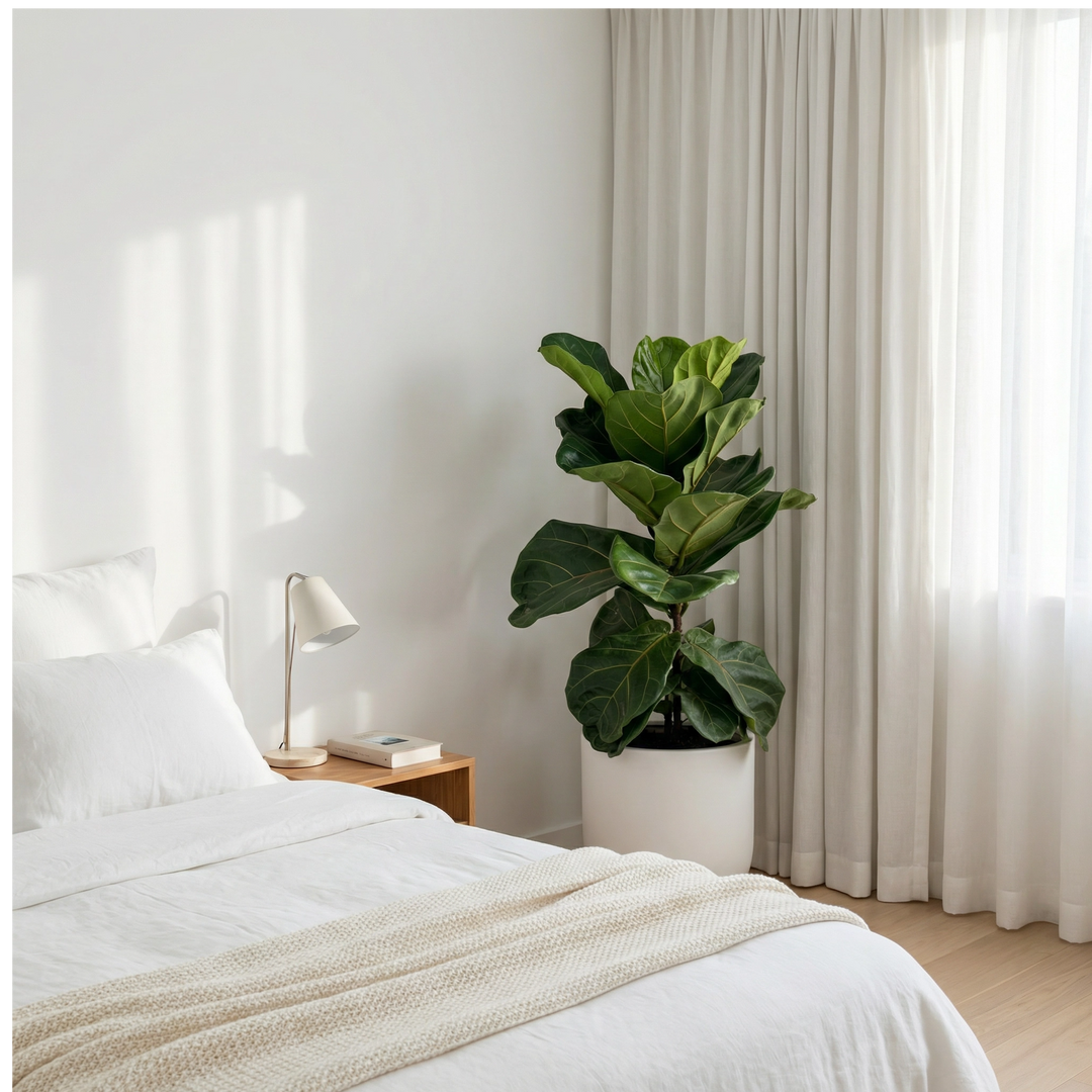Ficus Lyrata in vaso bianco in camera da letto con luce naturale