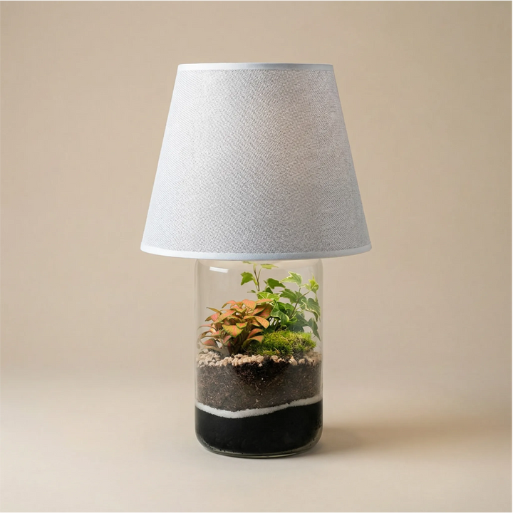 Lamparium Aurora 12x35cm con fittonia rosa, edera e muschio, paralume bianco