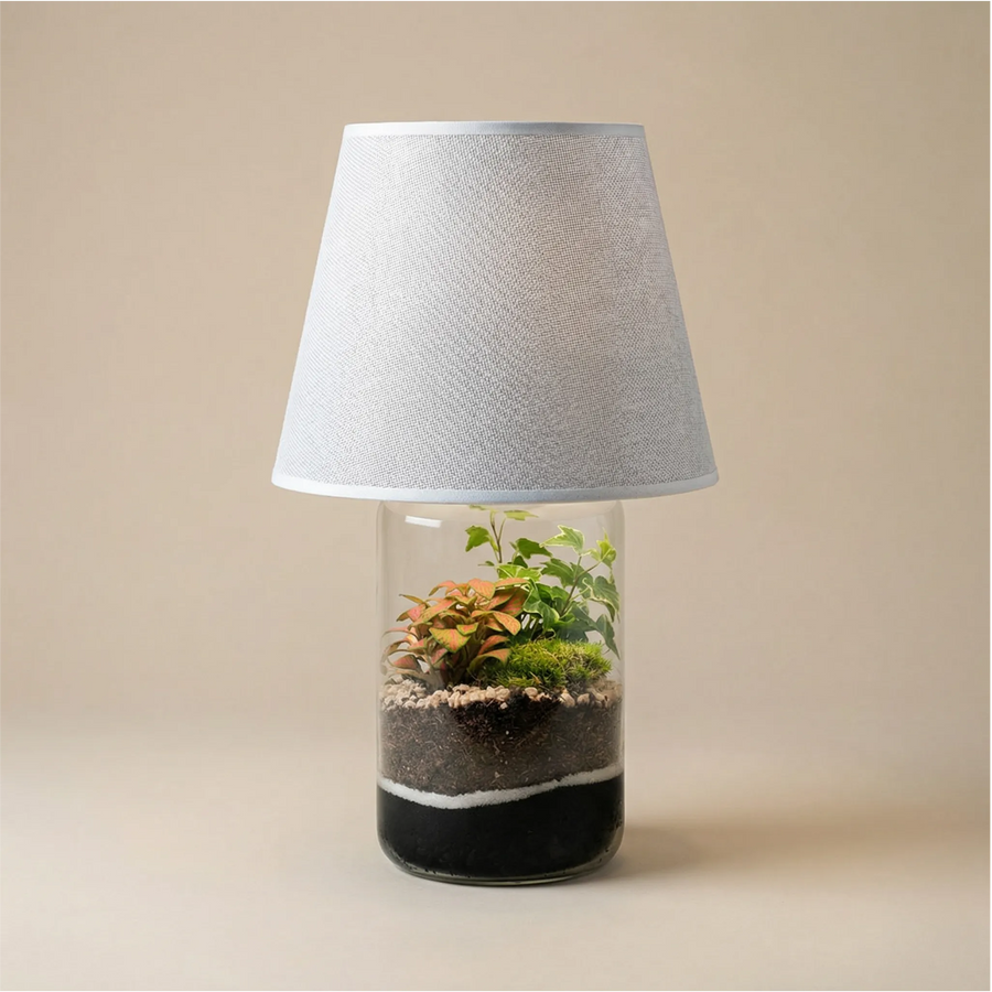 Lamparium Aurora 12x35cm con fittonia rosa, edera e muschio, paralume bianco