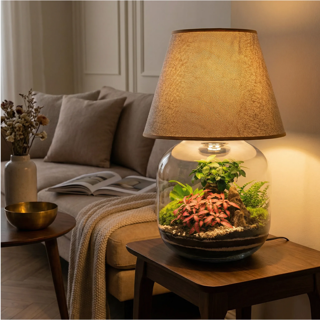 Lamparium Martina acceso in soggiorno serale con luce calda atmosfera relax