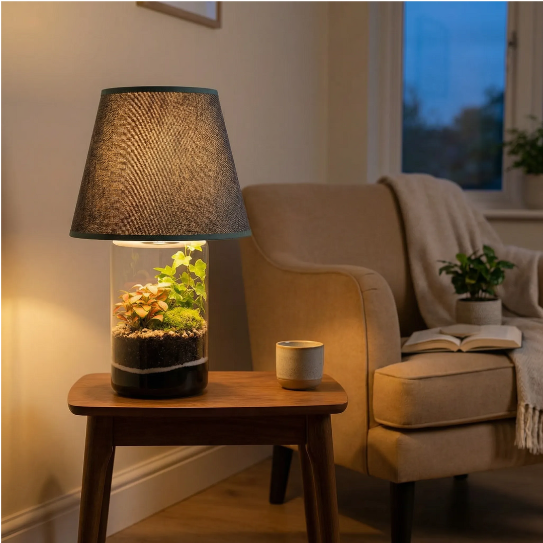 Lamparium Aurora acceso in soggiorno serale con poltrona e tazza atmosfera relax