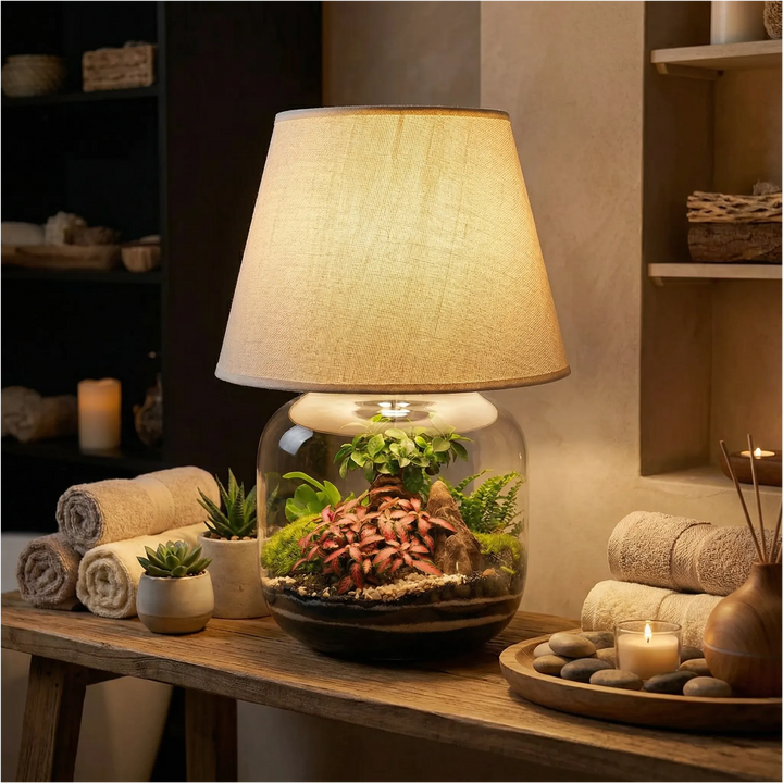 Lamparium Martina illuminato in ambiente spa notturno con candele atmosfera zen