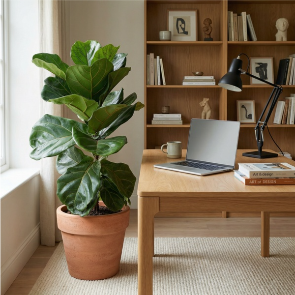  Ficus Lyrata in vaso terracotta nello studio home office accanto a scrivania