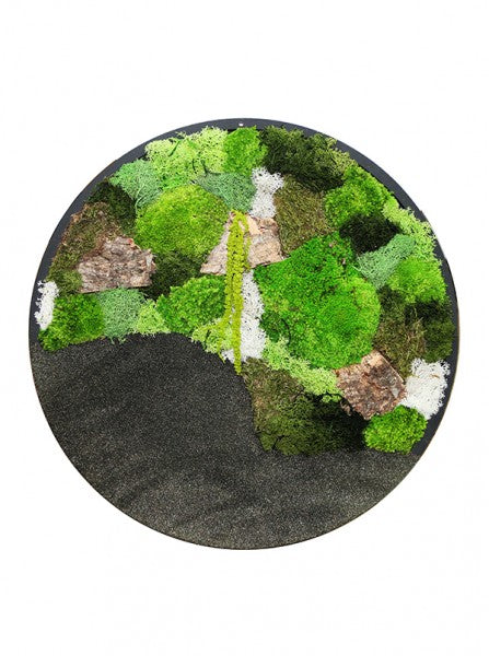 Clara Bosco" è un quadro di verde stabilizzato di 48 cm di diametro, avvertibile al tatto per la sua finitura vellutata, che offre un'esperienza naturale e sofisticata​
