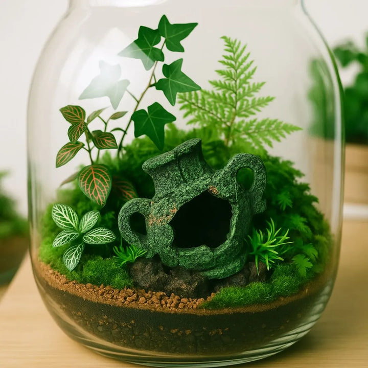 Terrarium con muschio, fittonie e piante verdi, decorato con anfora in resina antichizzata, vaso in vetro stratificato.
