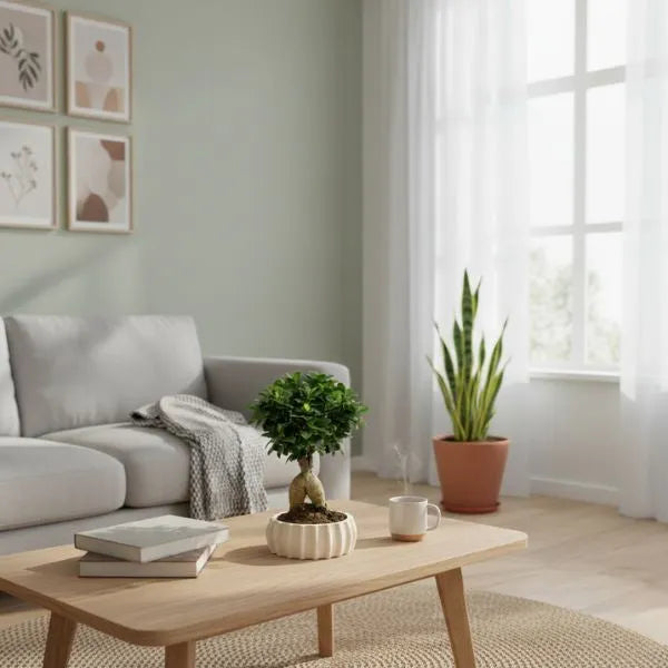 Bonsai ficus ginseng in vaso di ceramica artigianale Dioniso Basso su tavolino da caffè in salotto con parete verde, divano e sansevieria, ideale come pianta da interno elegante.