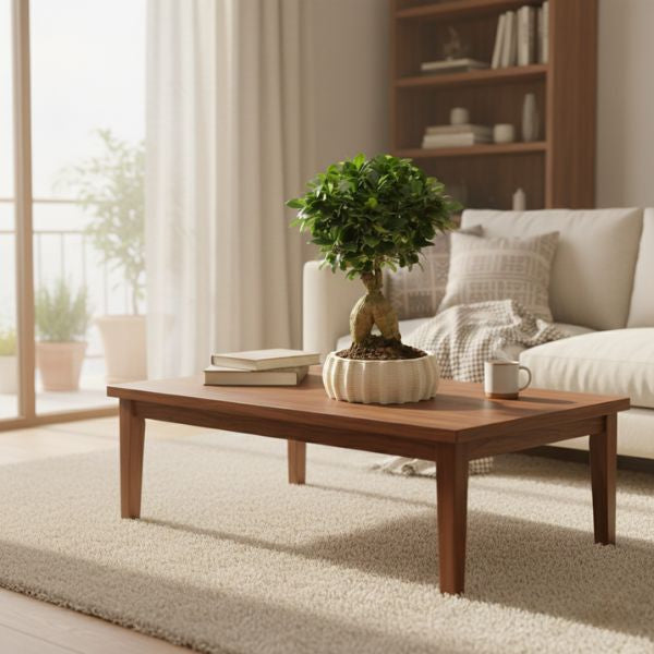 Bonsai ficus ginseng con radici aeree in vaso di ceramica artigianale Dioniso Basso su tavolino in legno in soggiorno luminoso con divano chiaro e luce naturale.