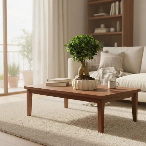 Bonsai ficus ginseng con radici aeree in vaso di ceramica artigianale Dioniso Basso su tavolino in legno in soggiorno luminoso con divano chiaro e luce naturale.