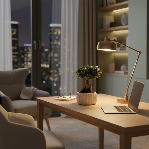 Bonsai ficus ginseng in vaso di ceramica artigianale Dioniso Basso posizionato su scrivania in legno con laptop e lampada da tavolo in ambiente domestico serale.
