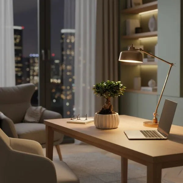 Bonsai ficus ginseng in vaso di ceramica artigianale Dioniso Basso posizionato su scrivania in legno con laptop e lampada da tavolo in ambiente domestico serale.