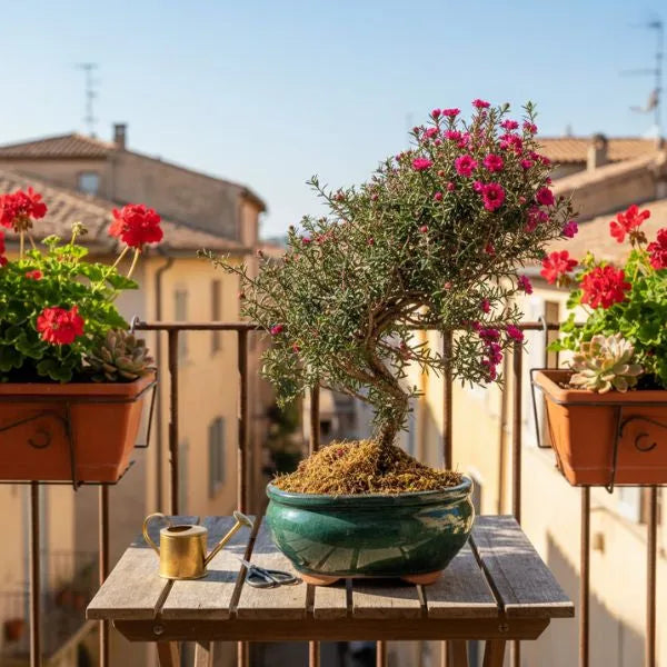Bonsai Leptospermum scoparium fiorito in vaso verde su balcone con gerani rossi e vista città