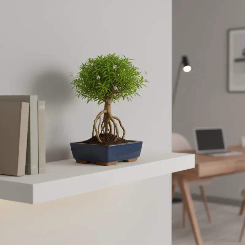 Bonsai Serissa phoetida - radici decorative e chioma compatta in vaso bonsai blu su mensola