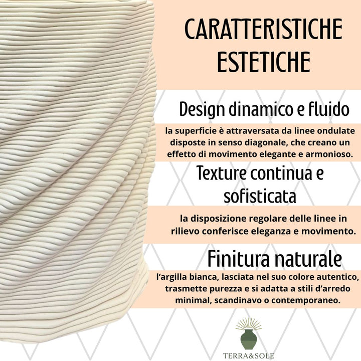 Dettaglio caratteristiche estetiche del vaso Cadice Terra&Sole: design a spirale fluido, texture elegante e finitura naturale.