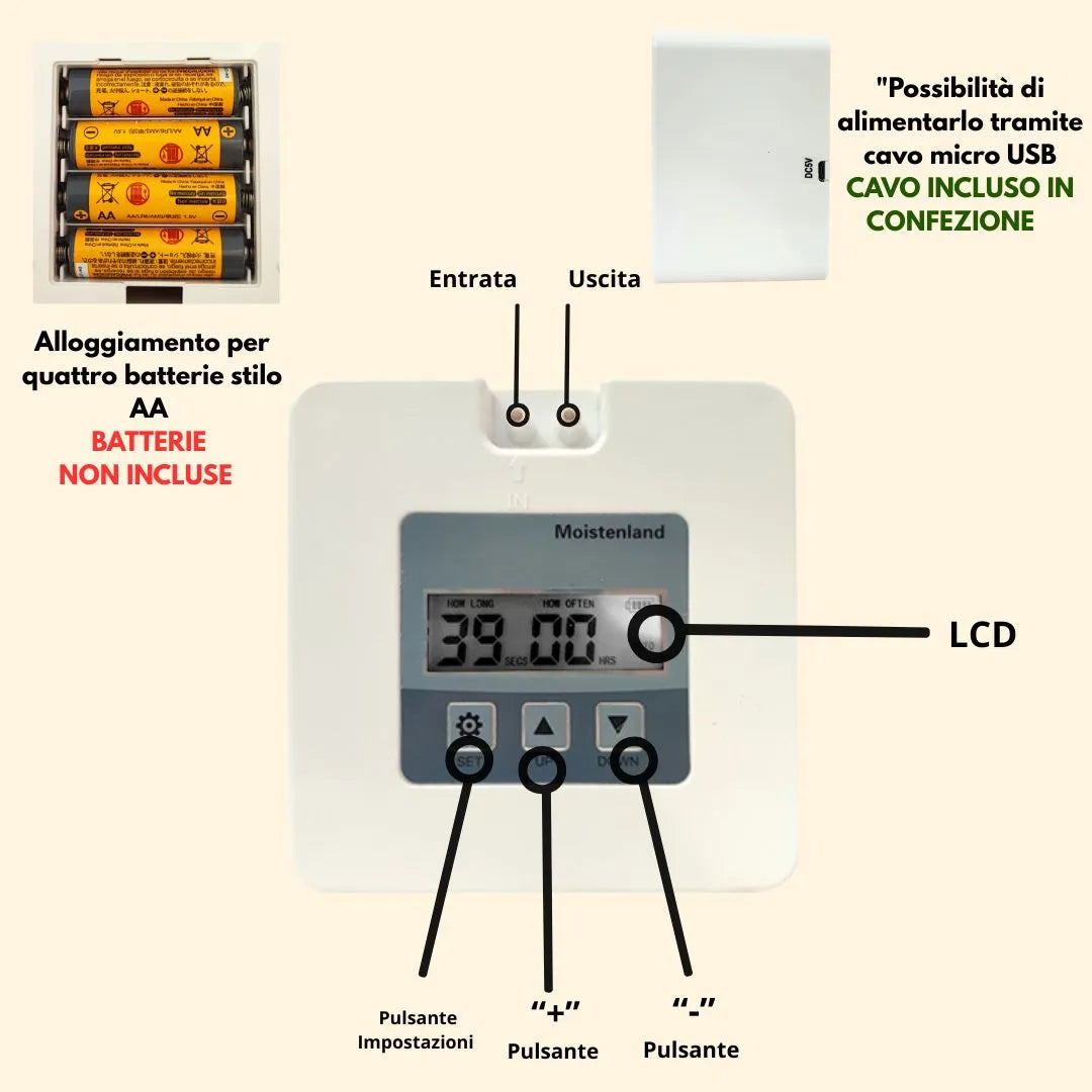 Dettaglio centralina irrigazione Moisttenland con pulsanti, ingresso USB e alloggiamento batterie