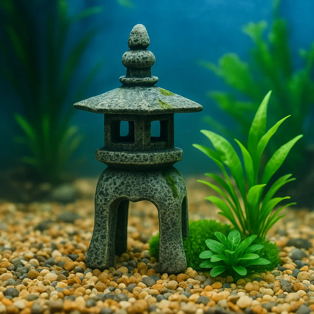 Pagoda giapponese in resina immersa in acquario con ghiaia e piante acquatiche, decorazione zen subacquea per ambienti rilassanti.