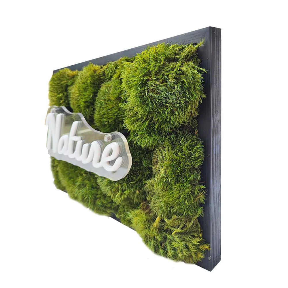 Profilo laterale del quadro in muschio stabilizzato con scritta Nature in LED bianco caldo
