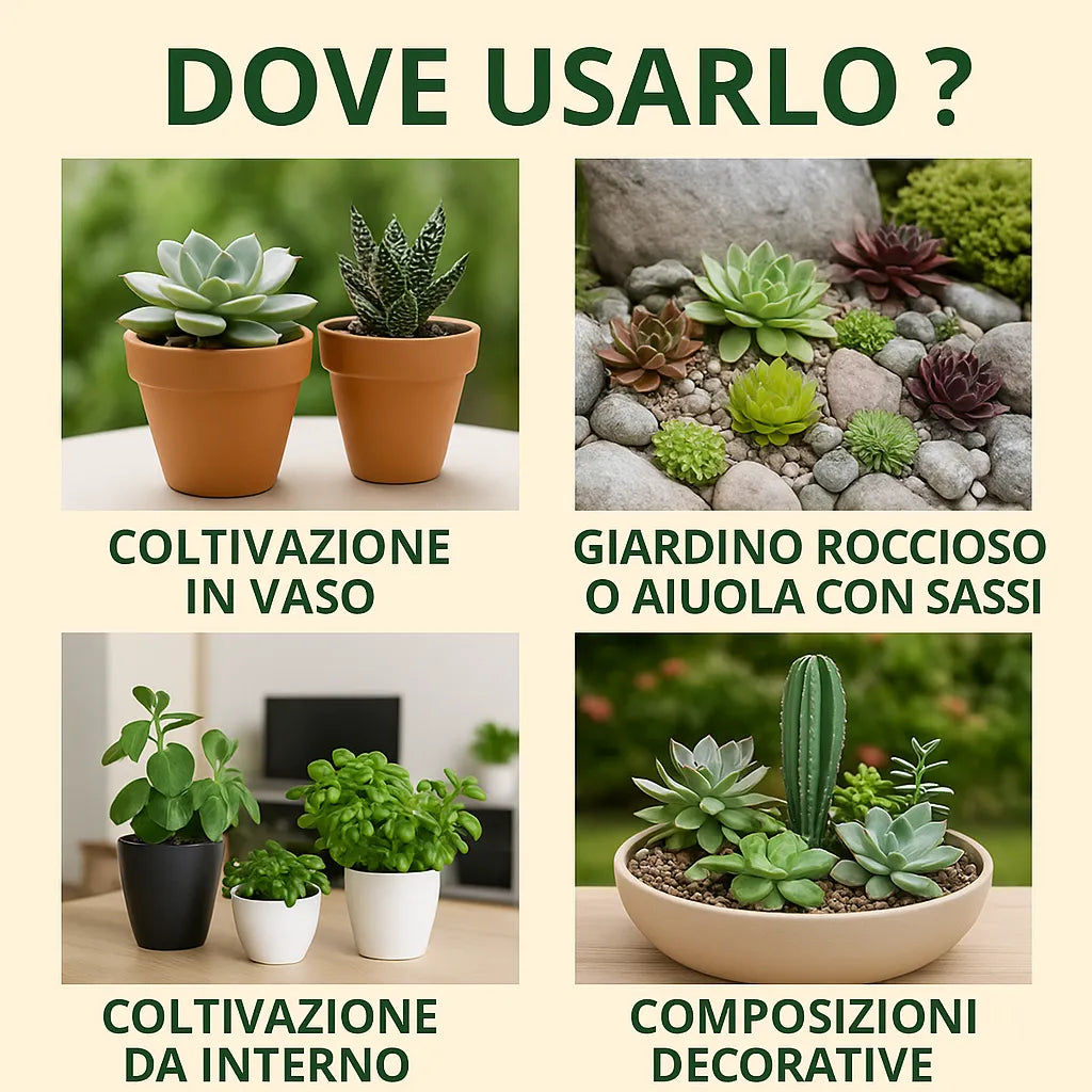 Combinazioni d'uso del terriccio specifico per piante grasse in vaso, giardini rocciosi, interni e composizioni decorative.