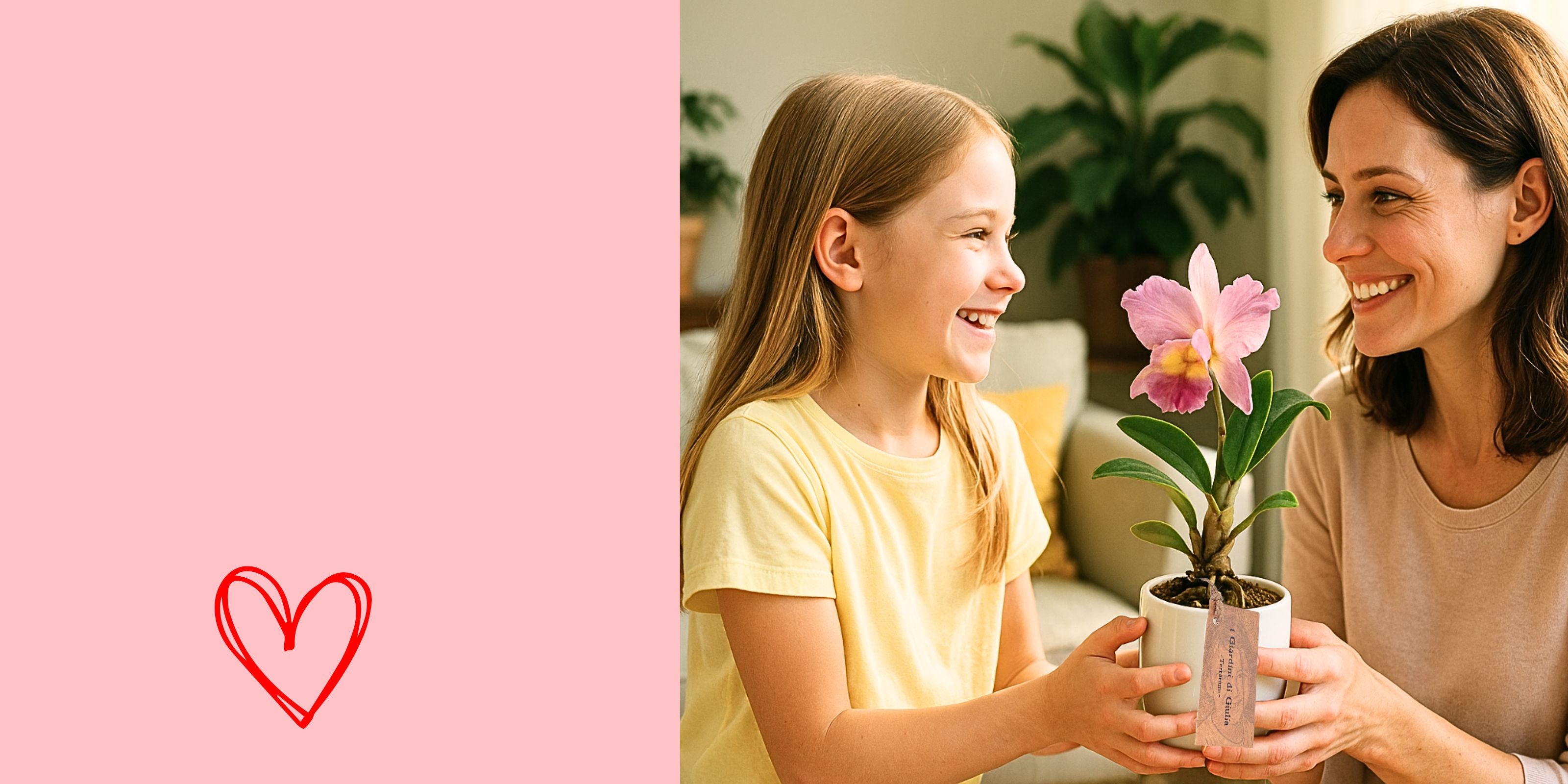 Bambina sorridente regala un orchidea dal fiore rosa alla sua mamma, nello sfondo si vedono alcune piante ed un sofà . 
