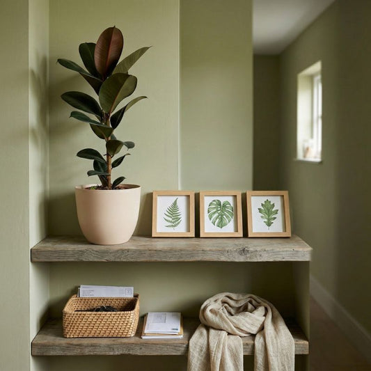 Ficus Elastica in vaso chiaro su mensola in legno con parete verde, pianta da interno decorativa dallo stile moderno.
