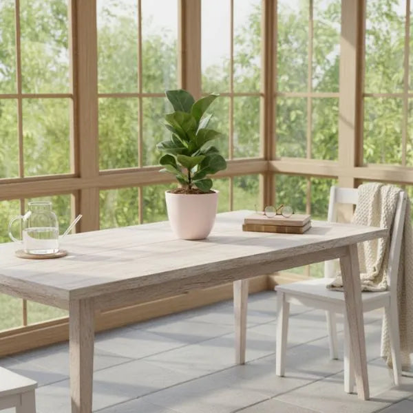 Ficus Lyrata Bambino - pianta da interno decorativa in vaso chiaro su tavolo in legno, foglie lucide