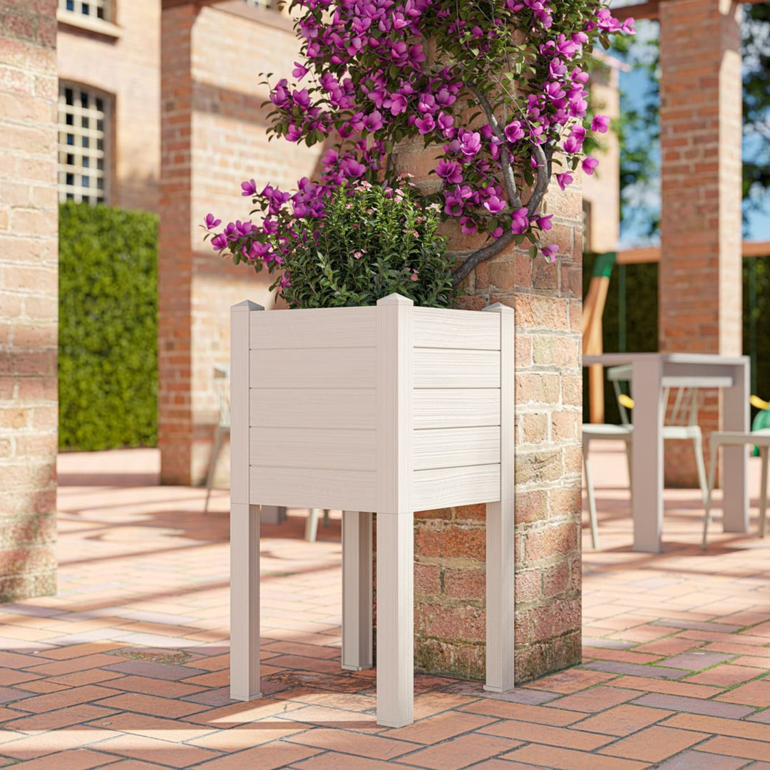 Fioriera rettangolare rialzata in plastica effetto legno chiaro con pianta rampicante viola, posizionata su pavimento in cotto all’esterno di un edificio in mattoni.
