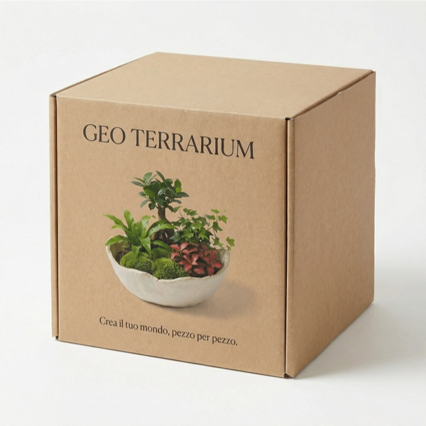 Scatola packaging kit Geo Terrarium in cartone kraft ecologico con logo e immagine del terrarium finito