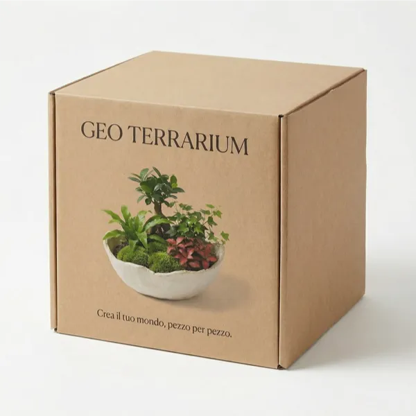 Scatola packaging kit Geo Terrarium in cartone kraft ecologico con logo e immagine del terrarium finito