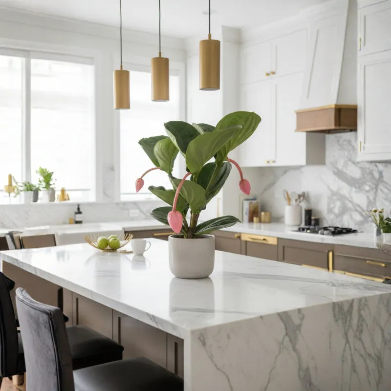 Medinilla Magnifica con fiori rosa pendenti su isola cucina moderna, pianta da interno decorativa