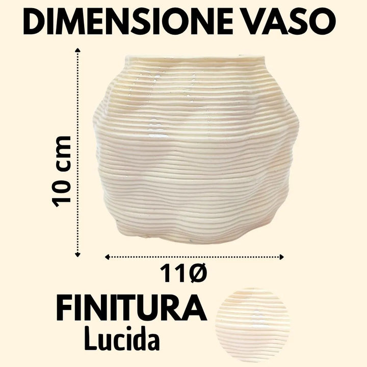 Dettagli delle dimensioni del vaso artigianale Bangkok in argilla, diametro 11 cm, altezza 10 cm, finitura lucida rigata